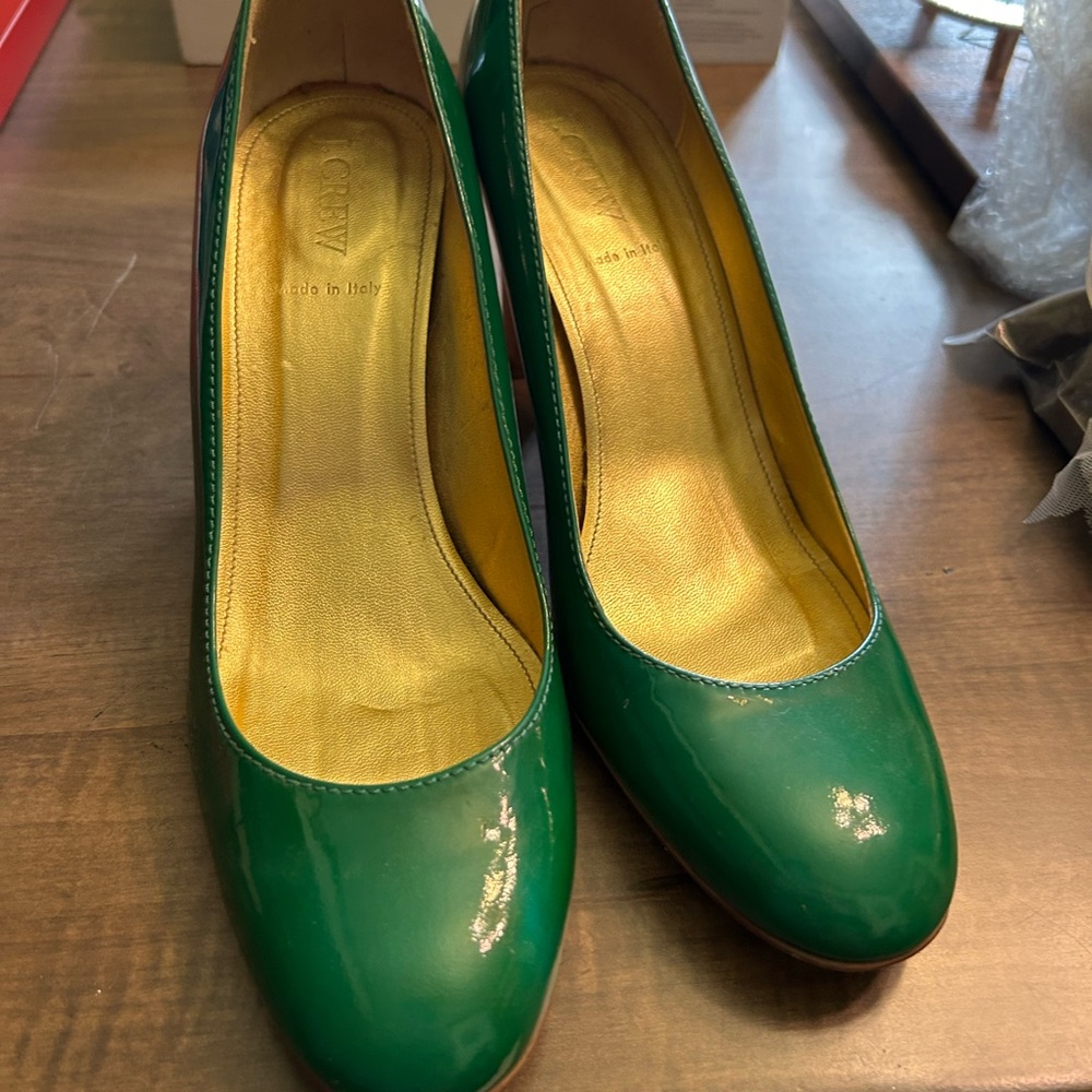 J. Crew Emerald Patent Leather Pumps with Gold Interior